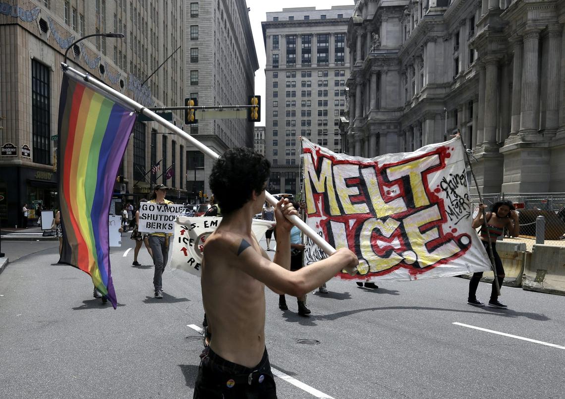  Protesters camped outside Philadelphia City Hall march in July 2018 after Mayor Jim Kenney announced that Philadelphia would stop giving ICE access to a real-time arrest database. Kenney accused the agency of misusing the information to target people who were in the country illegally but were otherwise not accused of any crimes. AP Photo/Jacqueline Larma 
