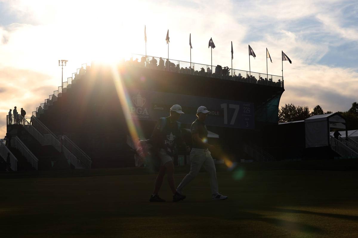  Maverick McNealy walks up the ninth fairway during the second round of the PGA Championship. May 15, 2026; Newtown Square, Pennsylvania. Credit: Bill Streicher-Imagn Images
