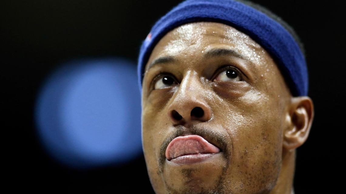 FILE - Washington Wizards’ Paul Pierce looks toward the scoreboard in the third quarter of an NBA basketball game against the Atlanta Hawks, Sunday, Jan. 11, 2015, in Atlanta. Pierce is among those announced Sunday, May 16, 2021 as the 2021 class for the Naismith Memorial Basketball Hall of Fame. (AP Photo/David Goldman, file)