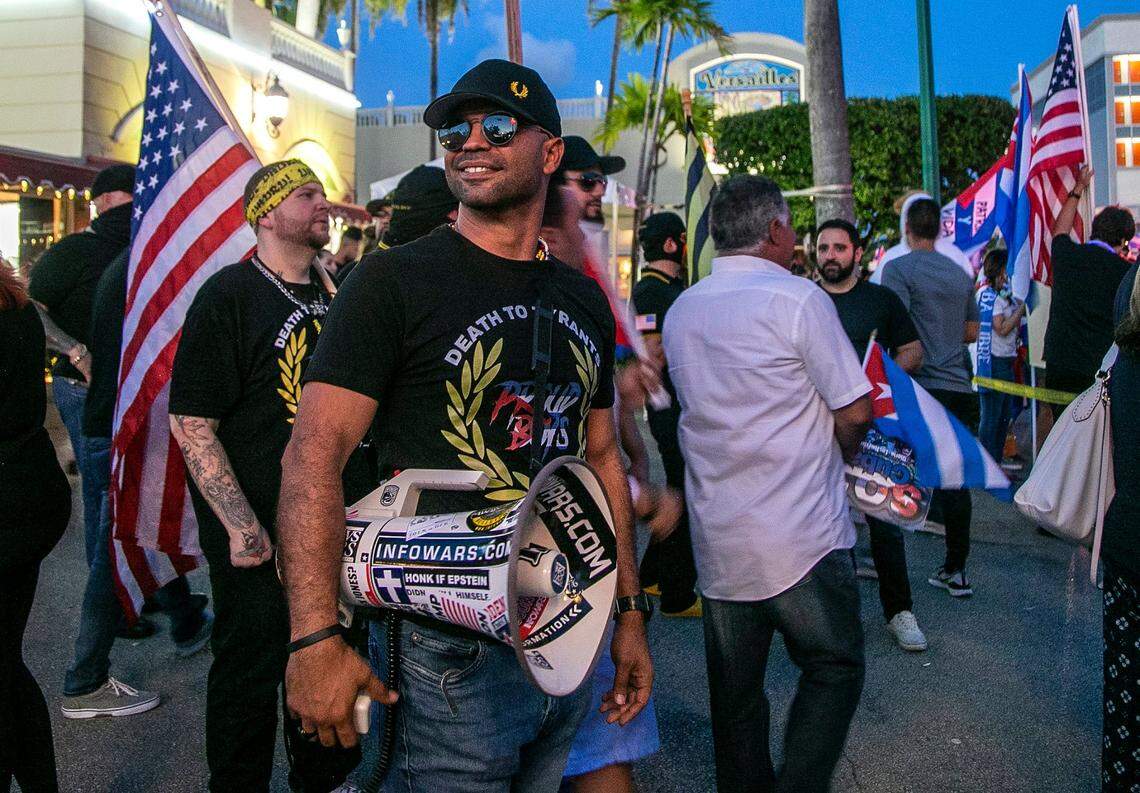 Enrique Tarrio, chair of the Proud Boys, stands in front of Versailles Restaurant in Little Havana in Miami on July 16, 2021. On Jan. 20, 2025, President Donald Trump pardoned Tarrio after he was convicted of seditious conspiracy for his role in plotting the Jan. 6, 2021, attack on the U.S. Capitol.