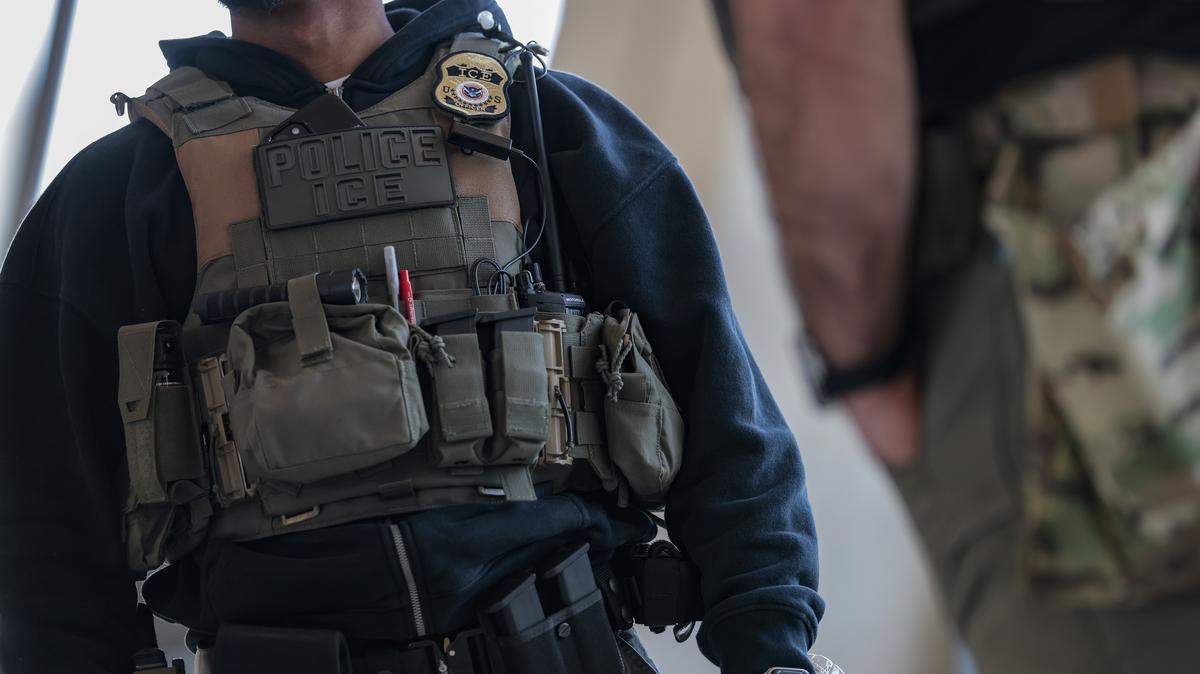 Trump Sends ICE Agents To Airports As DHS Remains Unfunded. Immigration and Customs Enforcement (ICE) agents patrol Dulles International Airport on March 24, 2026 in Dulles, Virginia.  