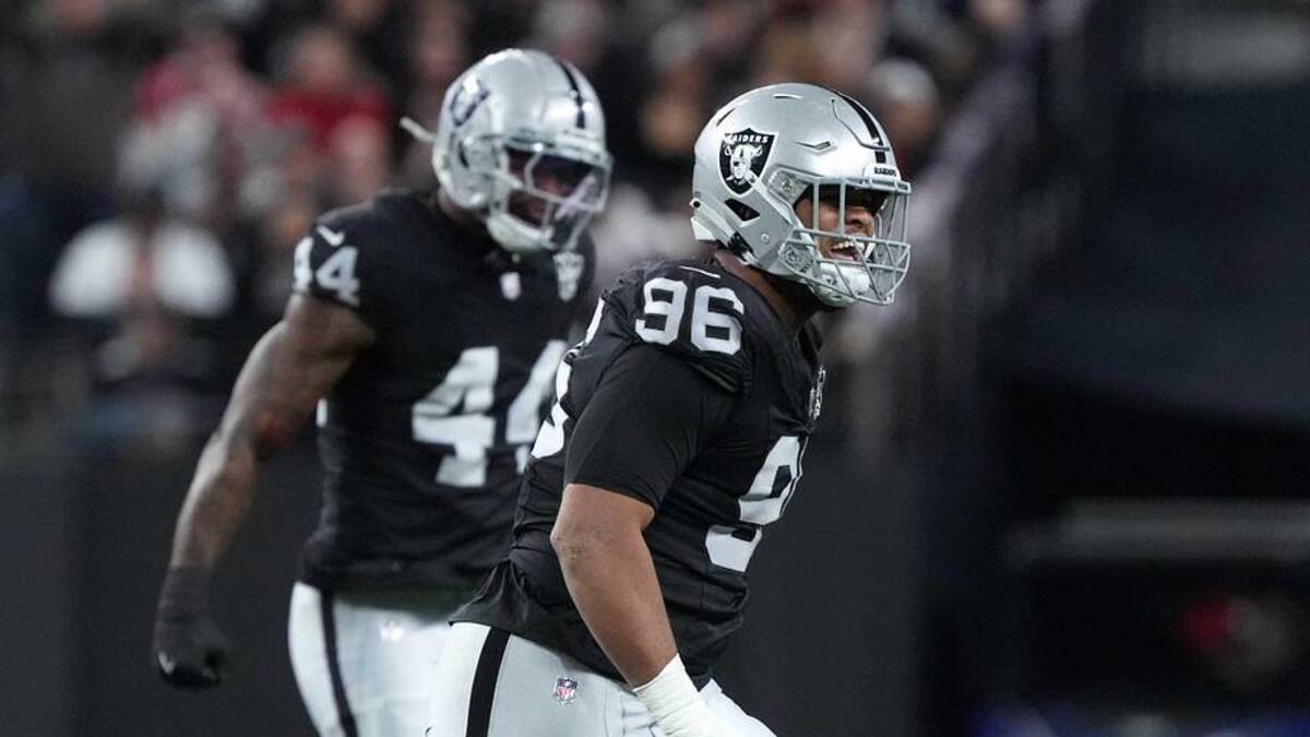  Dec 16, 2024; Paradise, Nevada, USA; Las Vegas Raiders defensive tackle Jonah Laulu (96) celebrates after a sack against the Atlanta Falcons in the first half at Allegiant Stadium. Mandatory Credit: Kirby Lee-Imagn Images | Kirby Lee-Imagn Images 