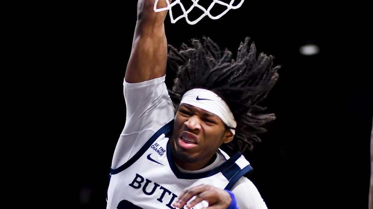  Jan 20, 2026; Indianapolis, Indiana, USA; Butler Bulldogs guard Azavier Robinson (23) is fouled by DePaul Blue Demons guard Layden Blocker (2) during the second half at Hinkle Fieldhouse. Mandatory Credit: Robert Goddin-Imagn Images | Robert Goddin-Imagn Images 
