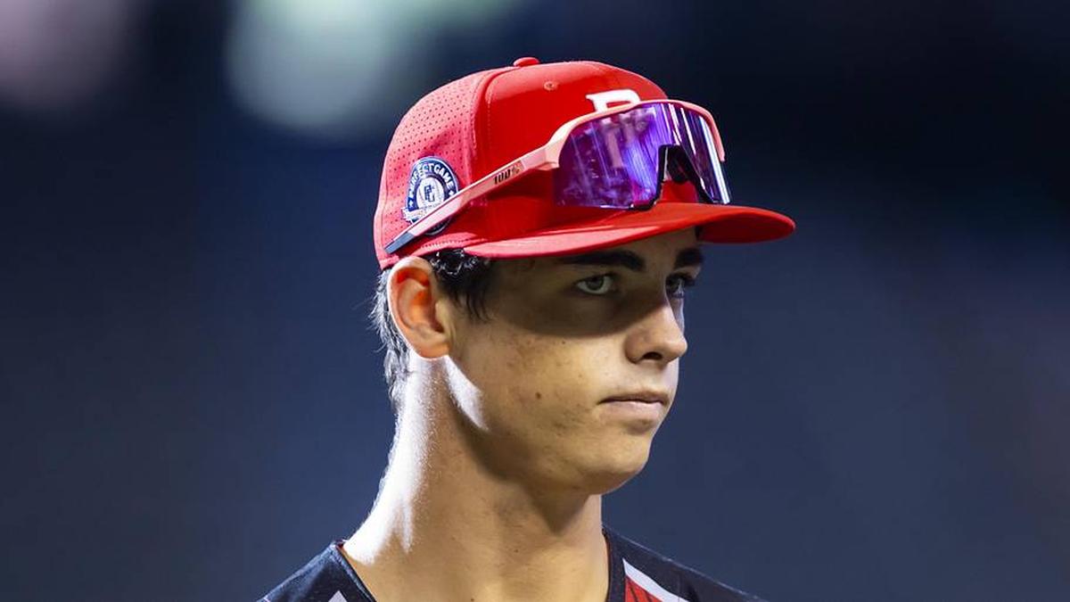  Aug 28, 2022; Phoenix, Arizona, US; West outfielder Will Gasparino (23) during the Perfect Game All-American Classic high school baseball game at Chase Field. Mandatory Credit: Mark J. Rebilas-Imagn Images | Mark J. Rebilas-Imagn Images 