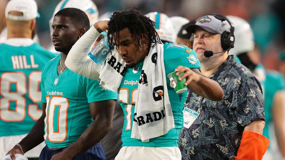 Aug 23, 2025; Miami Gardens, Florida, USA; Miami Dolphins wide receiver Jaylen Waddle (17) celebrates after a touchdown by wide receiver Malik Washington (not pictured) against the Jacksonville Jaguars during the second quarter at Hard Rock Stadium. Mandatory Credit: Sam Navarro-Imagn Images