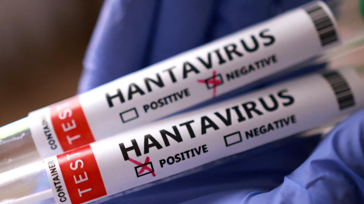 Test tubes labelled "Hantavirus positive and negative" are held in this illustration taken May 7, 2026. REUTERS/Dado Ruvic/Illustration