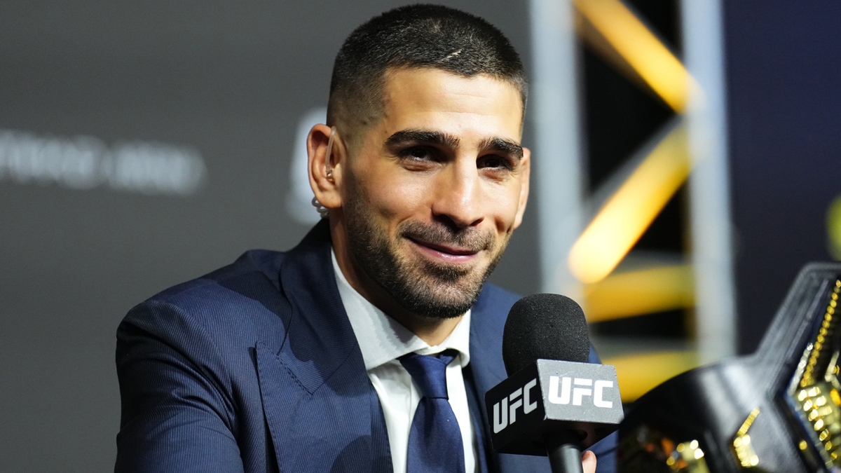  UFC fighter Ilia Topuria speaks to the media. Chris Unger/Zuffa LLC via Getty Images