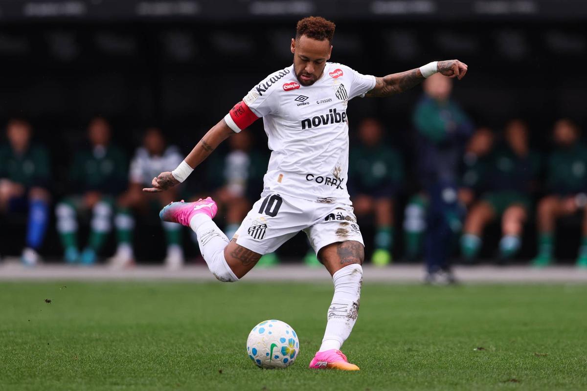  Neymar Junior kicks the ball during a Brasileirao 2026 match between Santos and Coritiba at Neo Quimica Arena on May 17, 2026 in Sao Paulo, Brazil. Photo by Alex Silva/Sports Press Photo/Getty Images