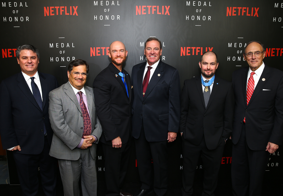  WASHINGTON, DC – NOVEMBER 13: (L-R) Producer Adam Del Deo, Rep. Gus Michael Bilirakis (R-FL), Medal of Honor Recipient Staff Sgt. Ty Carter, Rep. Neal Dunn (R-FL), Medal of Honor Recipient Staff Sgt. Ron Shurer, and Rep. Phil Roe (R-TN) at the Netflix ‘Medal of Honor’ screening and panel discussion moderated by Meghan McCain at the US Navy Memorial Burke Theater on November 13, 2018 in Washington, DC. 