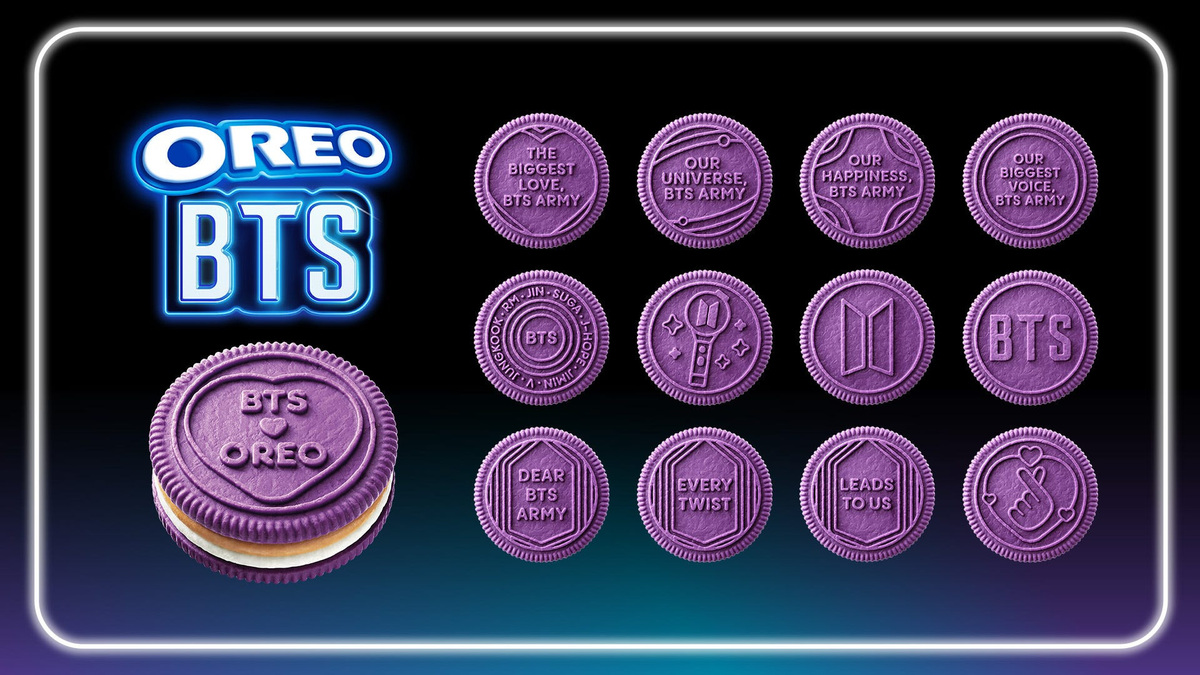 The cookies feature 13 unique embossments BTS designed for their fans, including the names of the band members, a BTS light stick, and three cookies that form a special message to BTS fans.