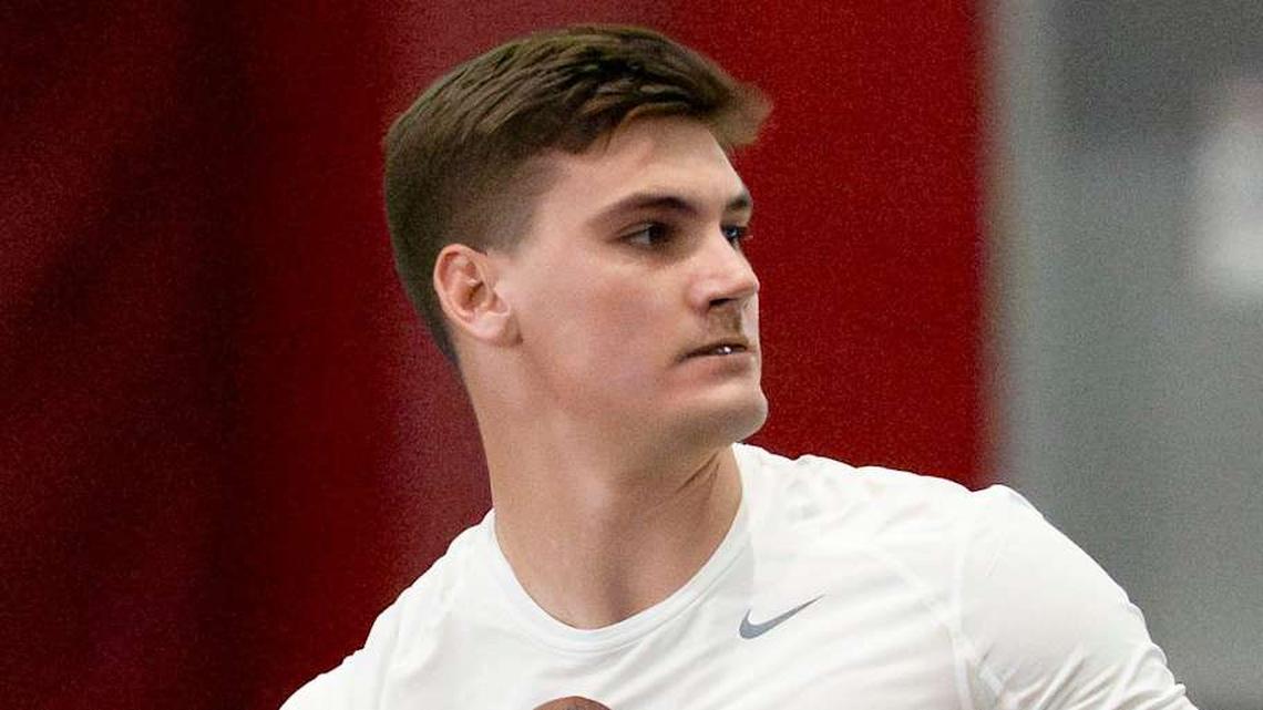  March 25, 2026; Tuscaloosa, AL, USA; Quarterback Ty Simpson throws during Pro Day in the Hank Crisp Indoor Practice Facility at the University of Alabama. | Gary Cosby Jr. / USA TODAY NETWORK via Imagn Images 