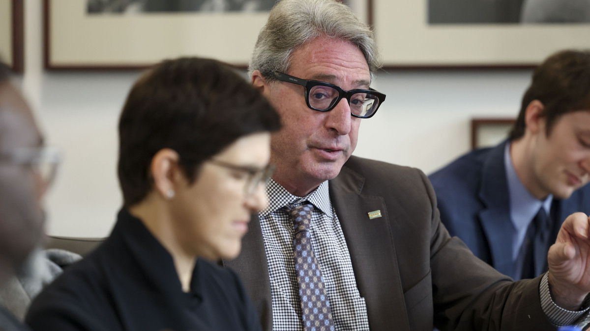 Comptroller Michael Belsky speaks while Mayor Brandon Johnson and his team meets with the Chicago Tribune Editorial Board on Oct. 28, 2025. (Brian Cassella/Chicago Tribune/TNS)