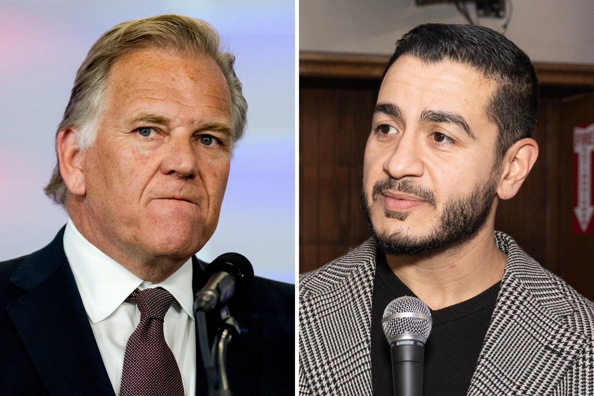  L: Former Representative Mike Rogers speaks in Howell, Michigan, on August 20, 2024. R: Abdul El-Sayed speaks in Detroit on December 16, 2025. 