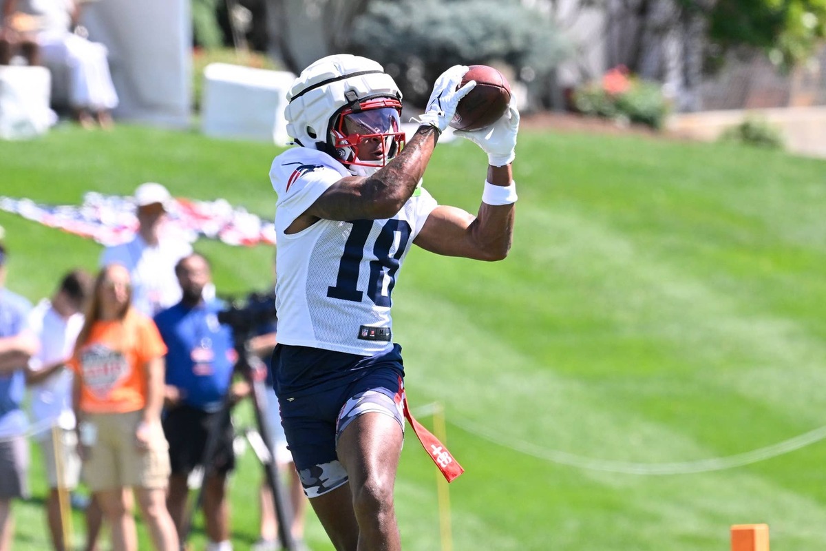  New England Patriots wide receiver Kyle Williams (18) makes a catch during training camp at Gillette Stadium in 2025. Eric Canha-Imagn Images