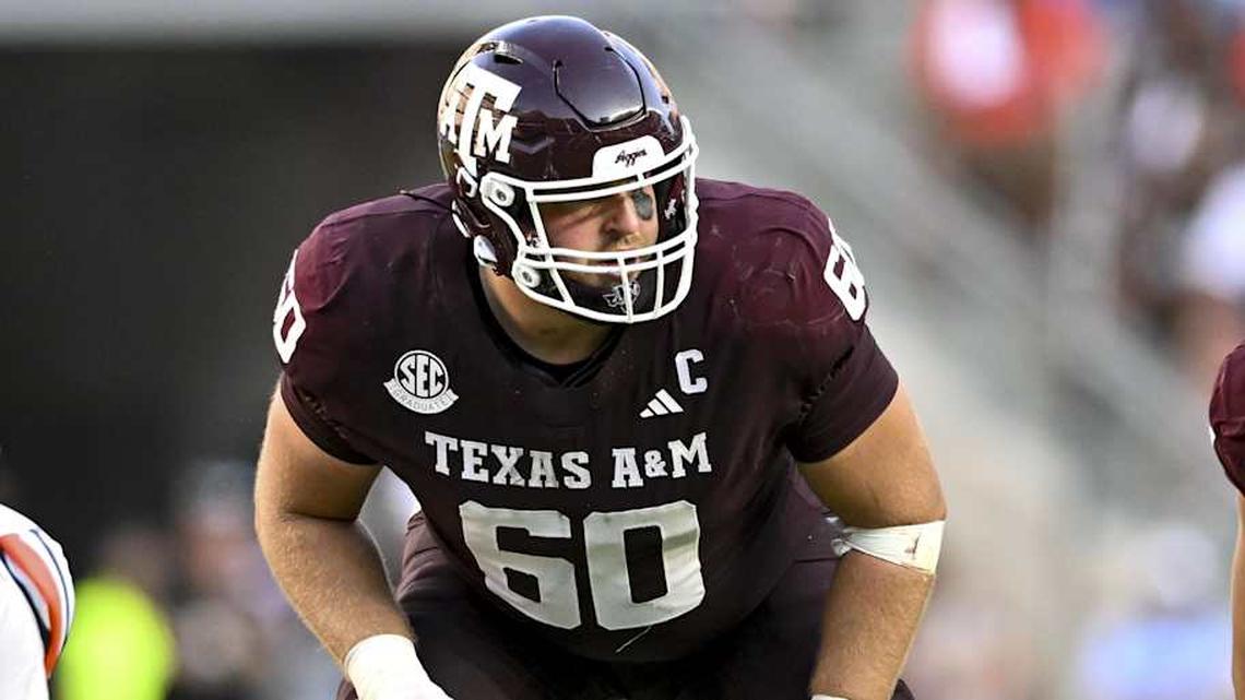  Sep 27, 2025; College Station, Texas, USA; Texas A&M Aggies offensive lineman Trey Zuhn III (60) lines up during the fourth quarter against the Auburn Tigers at Kyle Field. Mandatory Credit: Maria Lysaker-Imagn Images | Maria Lysaker-Imagn Images 