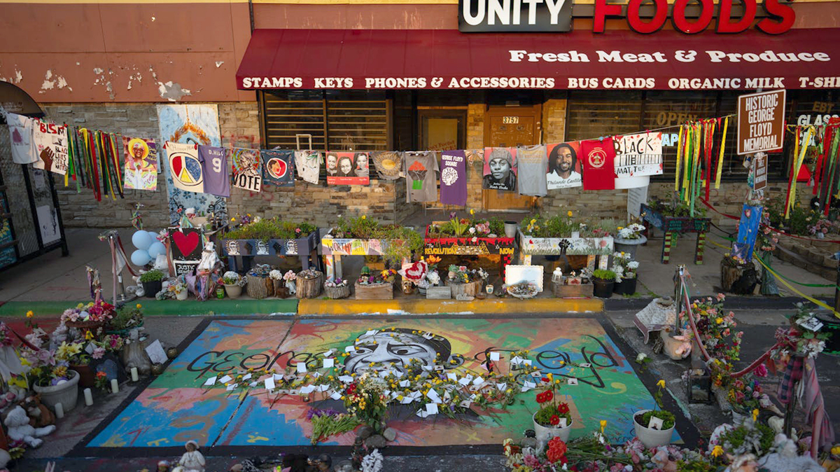 The memorial at the site where George Floyd was murdered on Chicago Avenue S. during the Rise & Remember Festival on May 25, 2025, at George Floyd Square in Minneapolis. (Jeff Wheeler/The Minnesota Star Tribune/TNS)