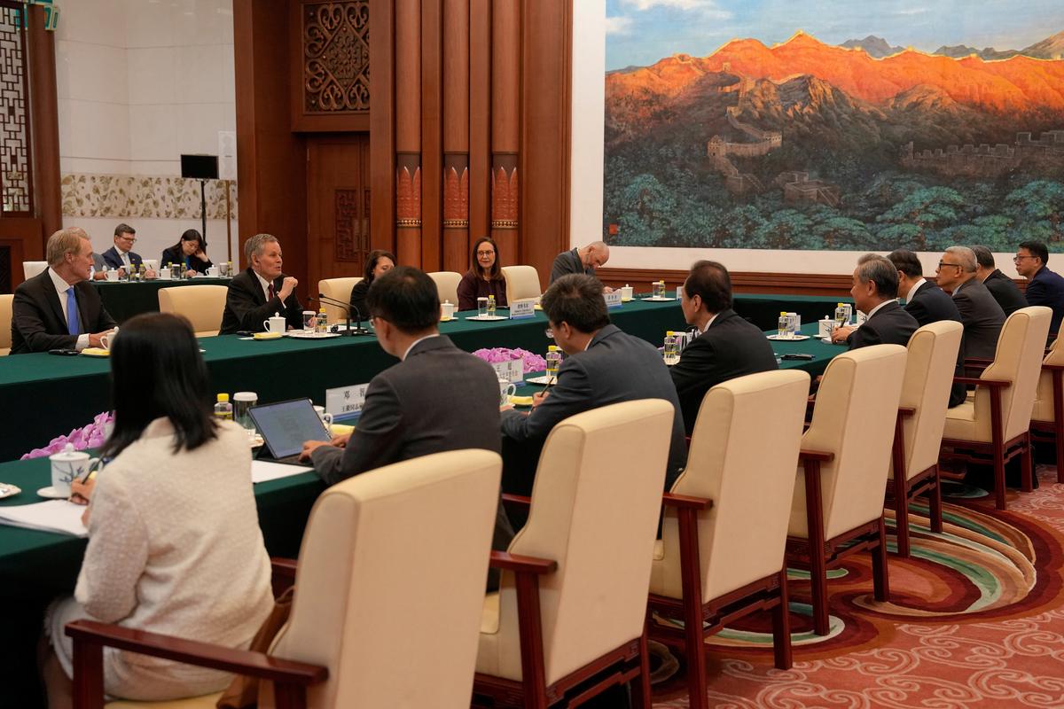 U.S. Senator Steve Daines speaks during a bilateral meeting with Chinese Foreign Minister Wang Yi at the Great Hall of the People, in Beijing, China, May 7, 2026. Andy Wong/Pool via REUTERS
