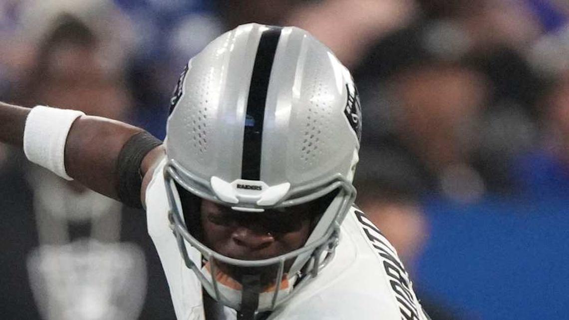  Las Vegas Raiders wide receiver Dont'e Thornton Jr. (10) reacts as Indianapolis Colts cornerback Mekhi Blackmon (29) intercepts a pass Sunday, Oct. 5, 2025, during a game at Lucas Oil Stadium in Indianapolis. The Colts defeated the Raiders 40-6. | Christine Tannous/IndyStar / USA TODAY NETWORK via Imagn Images 