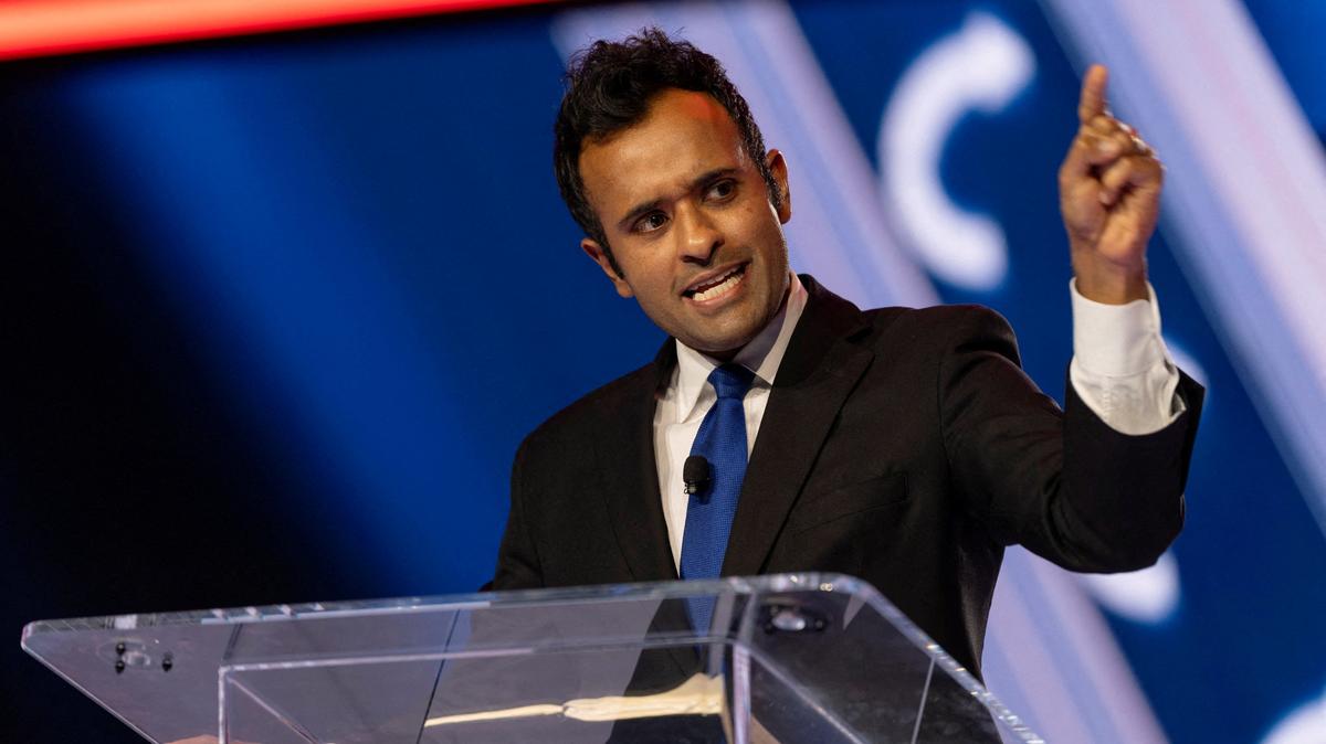 FILE PHOTO: Vivek Ramaswamy speaks during AmericaFest, the first Turning Point USA summit since the death of Charlie Kirk, in Phoenix, Arizona, U.S. December 19, 2025. REUTERS/Cheney Orr/File Photo