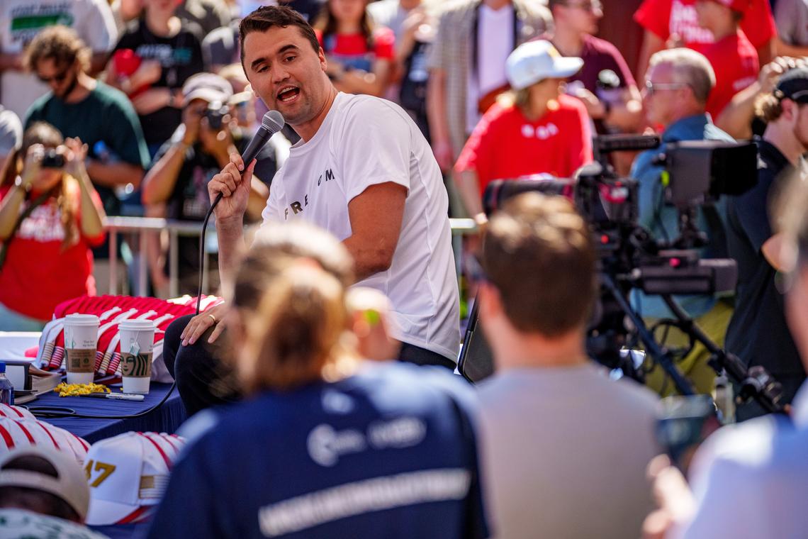  OREM, UTAH – SEPTEMBER 10: Charlie Kirk speaks at Utah Valley University on September 10, 2025 in Orem, Utah. Kirk, founder of Turning Point USA, was speaking at his “American Comeback Tour” when he was shot in the neck and killed. (Photo by Trent Nelson/The Salt Lake Tribune/Getty Images) 