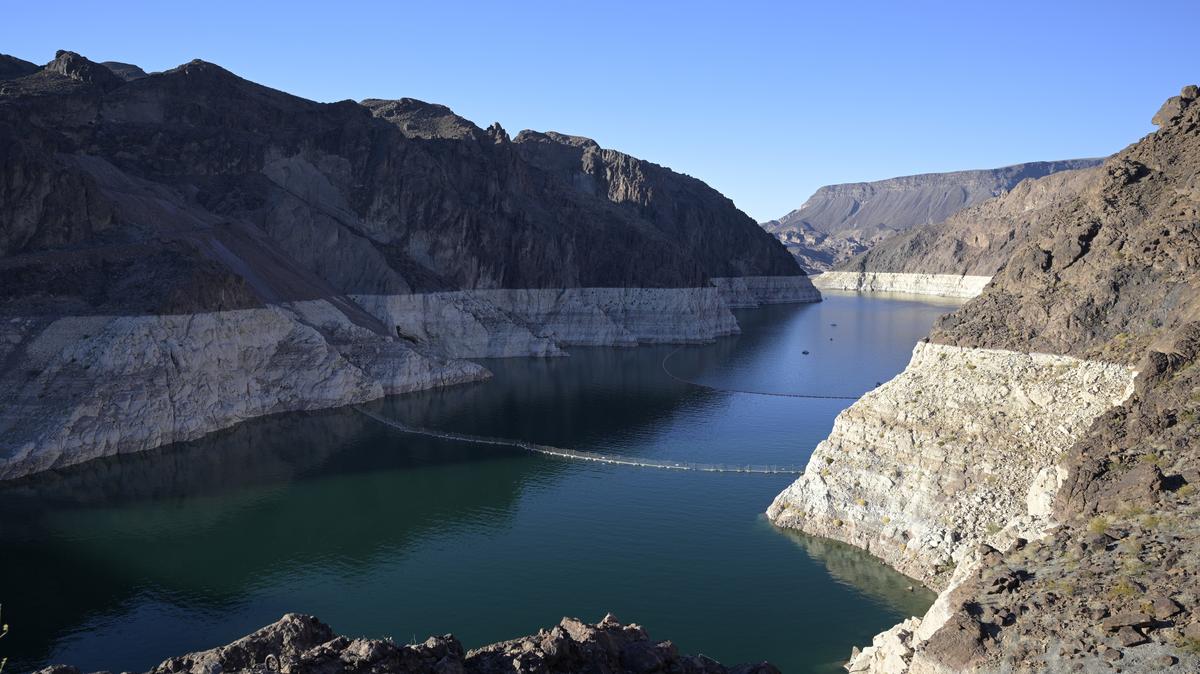Lake Mead. Low water levels expose rings of previous water lines of Lake Mead as viewed from the Arizona side of the Hoover Dam, Saturday, July 15, 2023, near Boulder City, Nevada.