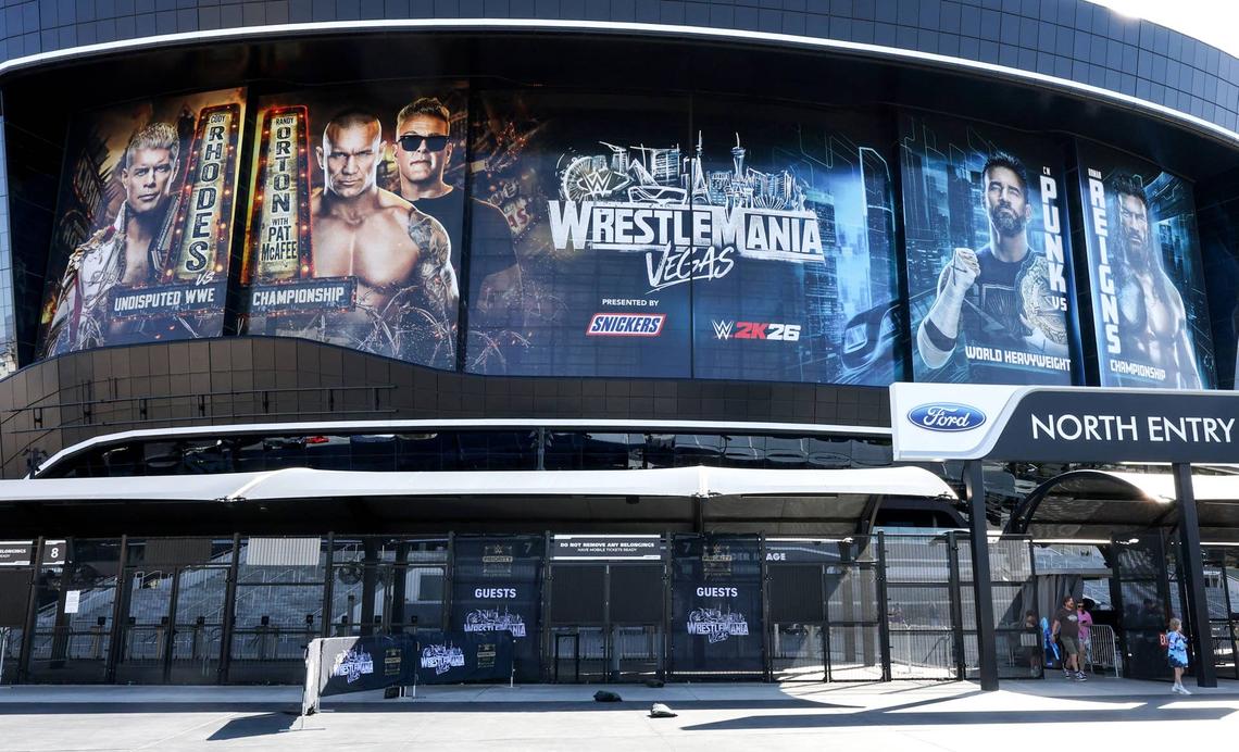 WrestleMania 42 signage is displayed outside Allegiant Stadium in Las Vegas ahead of Saturday's event.Getty Images