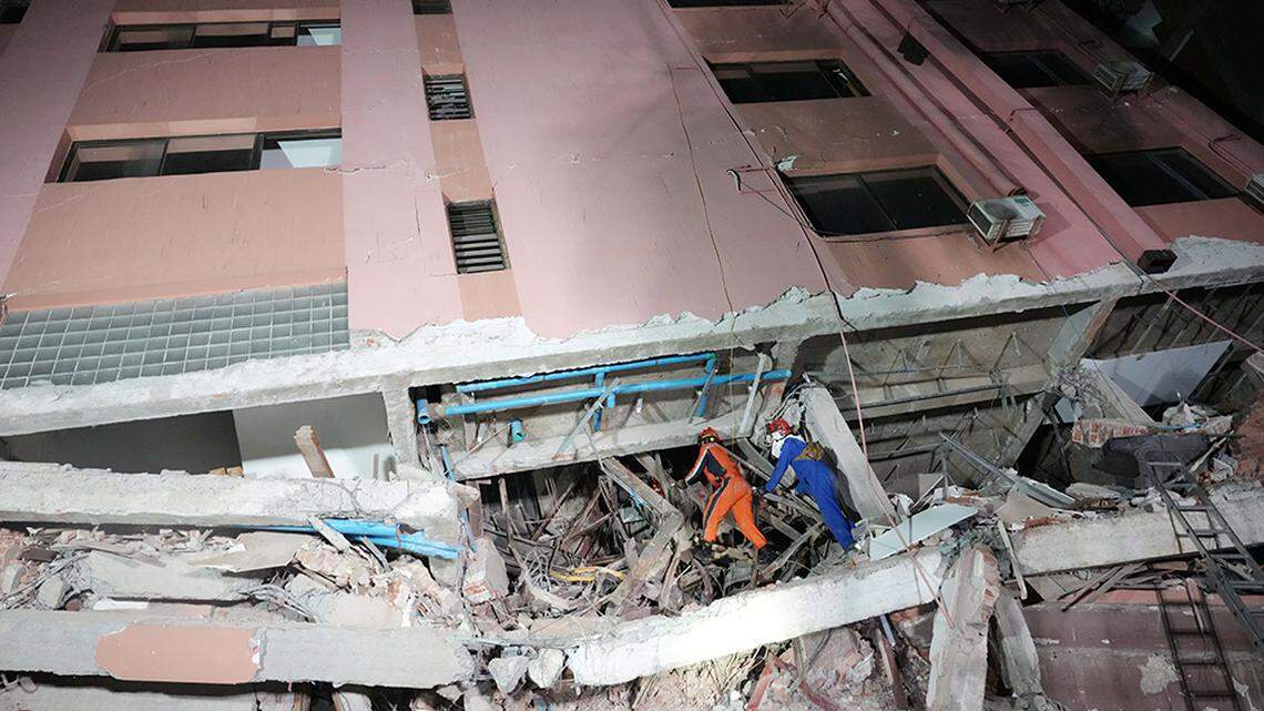 A member of the China search and rescue team conducts rescue work with local crews looking for victims of Friday’s deadly earthquake in Mandalay, Myanmar, on Sunday, March 30, 2025.