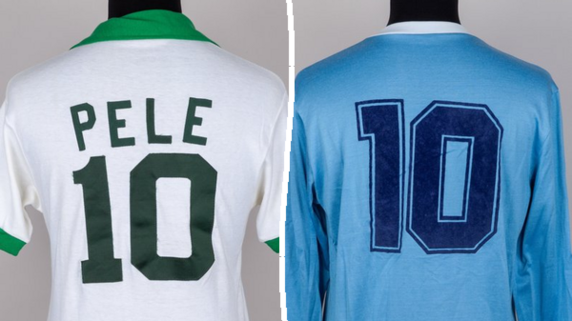 Shirts worn by World Cup legends Pelé and Maradona for sale