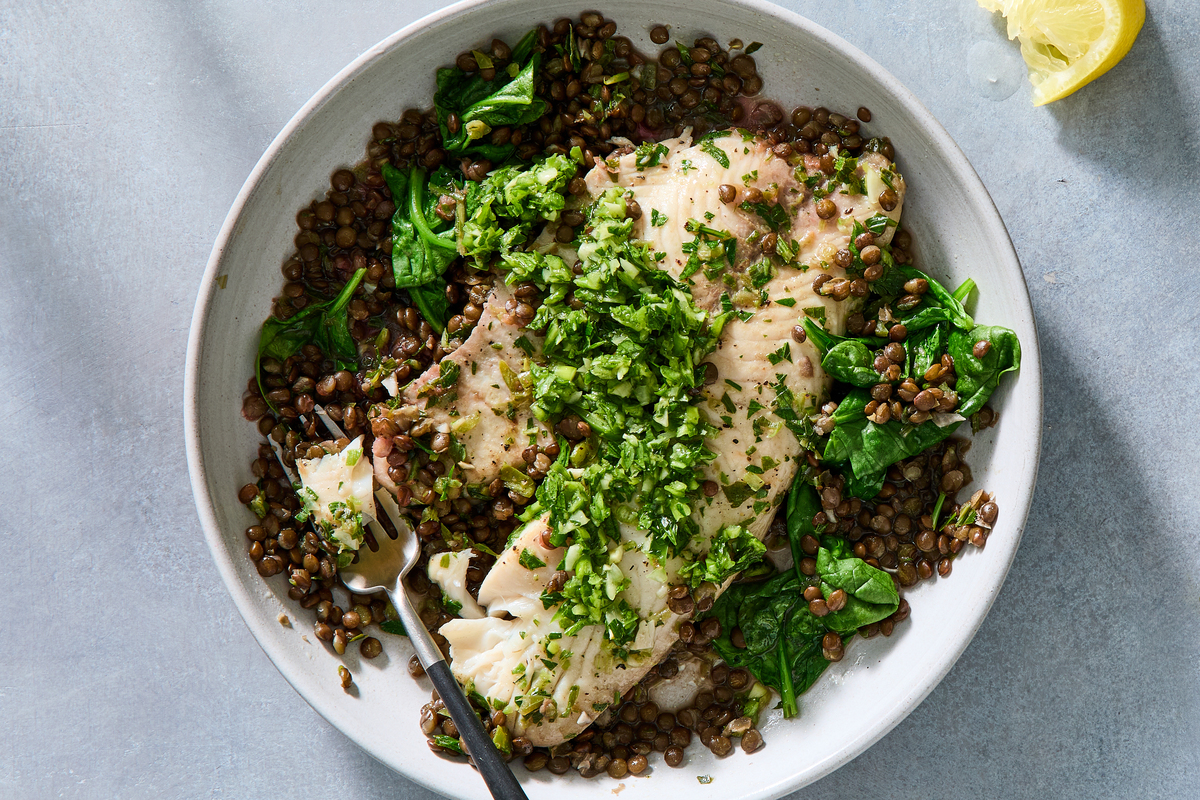 Fish and Lentils with Sauce Rof. Food Stylist: Monica Pierini. (Julia Gartland/The New York Times)