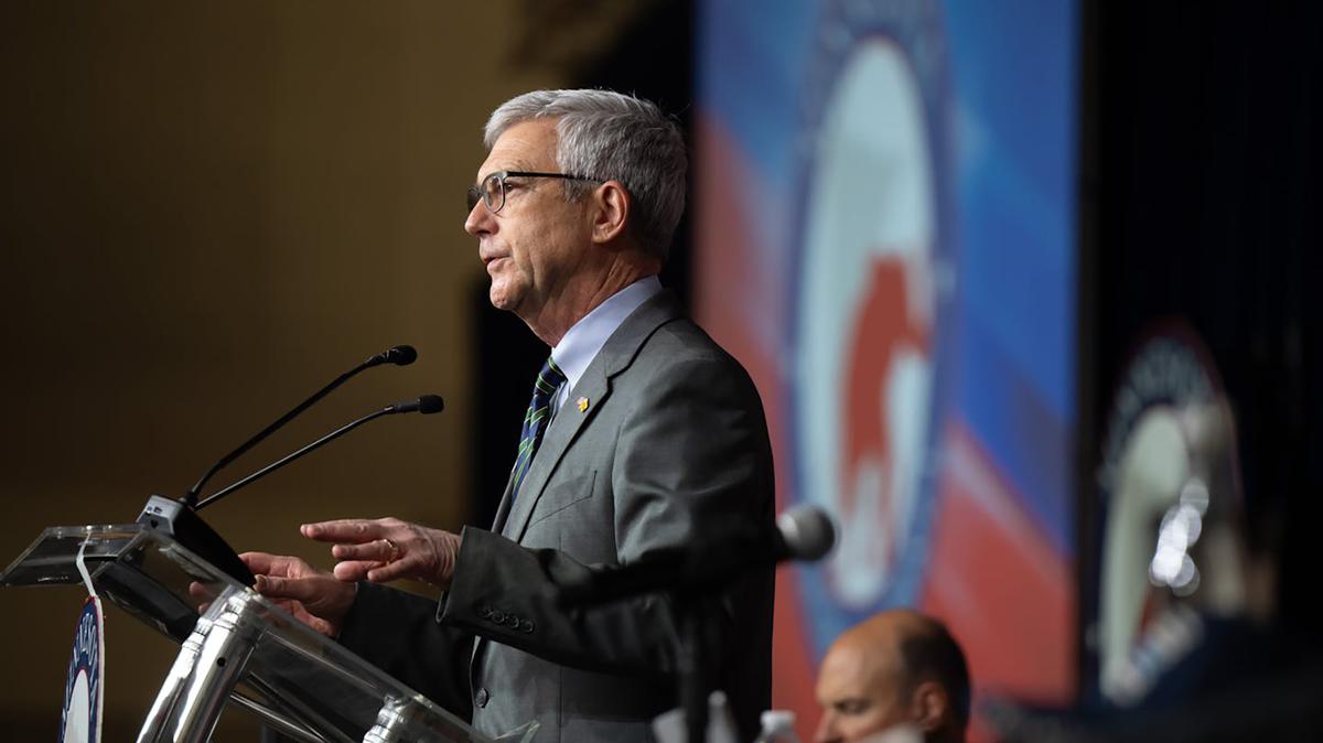 Then-State Republican Party Chairman David Hann welcomes delegates to the first day of the Minnesota State Republican Convention, May 17, 2024, in St. Paul, Minnesota. (Glen Stubbe/The Minnesota Star Tribune/TNS)