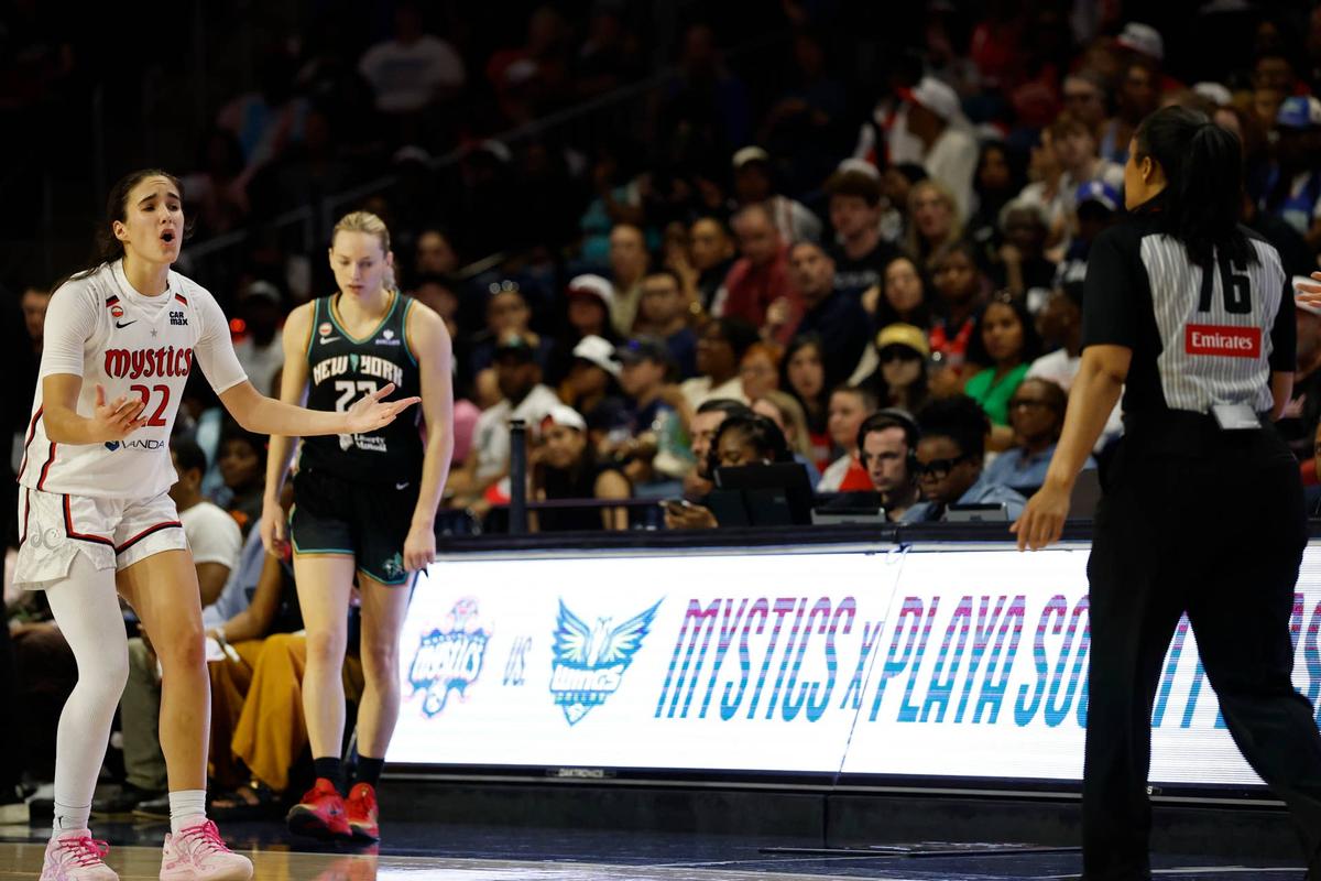  May 10, 2026; Washington, District of Columbia, USA; Washington Mystics guard Sonia Citron (22) argues with referee Toni Patillo (76) against the New York Liberty during overtime at CareFirst Arena. Mandatory Credit: Geoff Burke-Imagn Images 