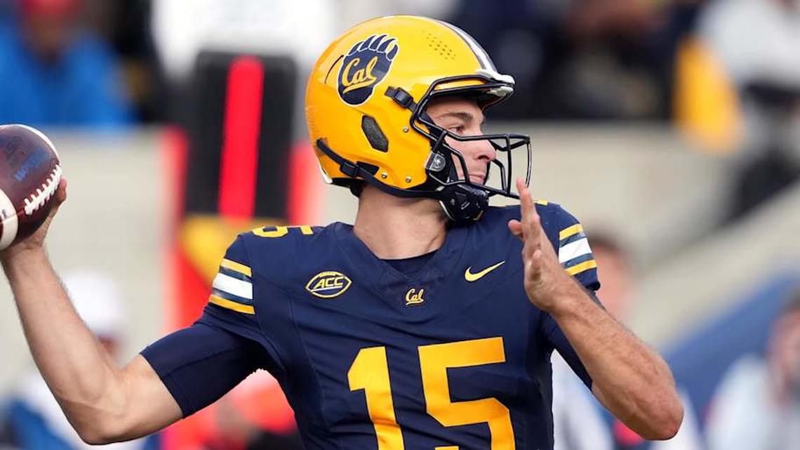  Nov 23, 2024; Berkeley, California, USA; California Golden Bears quarterback Fernando Mendoza (15) throws a pass against the Stanford Cardinal during the fourth quarter at California Memorial Stadium. Mandatory Credit: Darren Yamashita-Imagn Images | Darren Yamashita-Imagn Images 