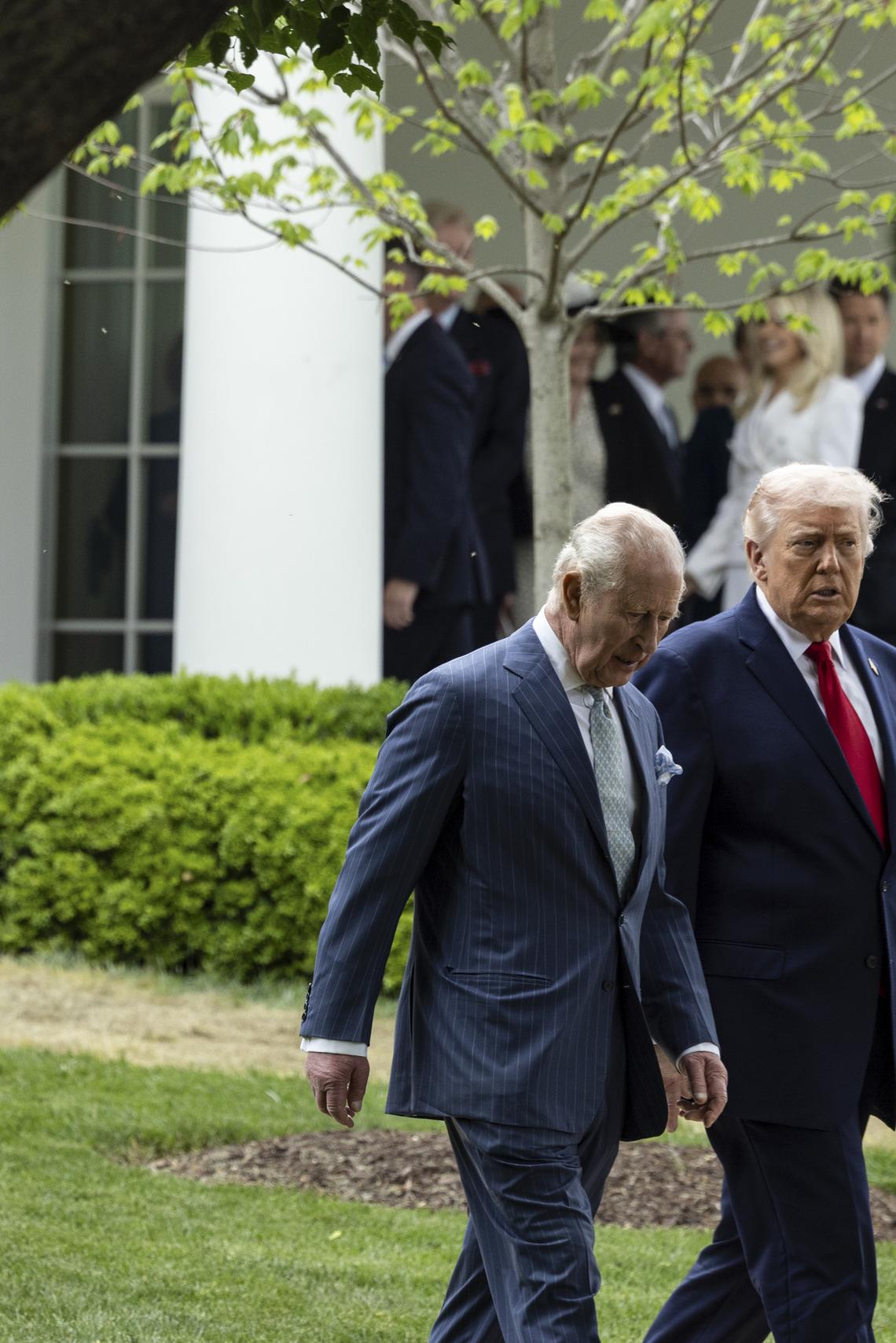 President Donald Trump walks King Charles III to his vehicle after a visit to the White House in Washington, on Tuesday, April 28, 2026. (Anna Rose Layden/The New York Times)