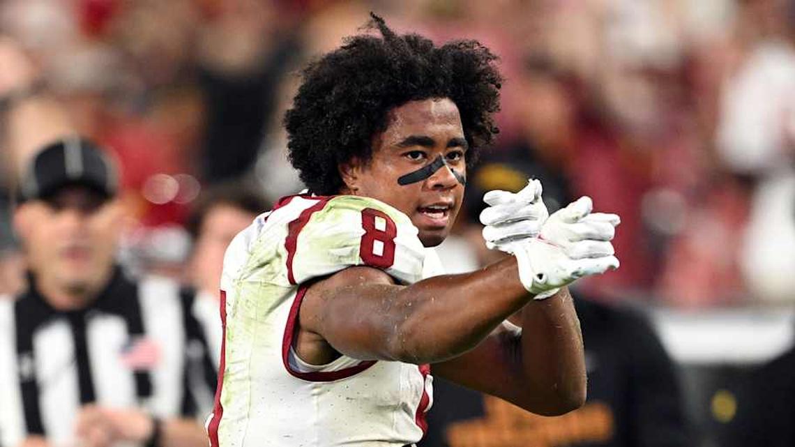  Sep 13, 2025; West Lafayette, Indiana, USA; USC Trojans wide receiver Ja'Kobi Lane (8) celebrates a first down during the second half against the Purdue Boilermakers at Ross-Ade Stadium. | Marc Lebryk-Imagn Images 