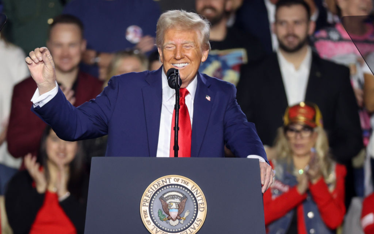  President Donald Trump speaks at a rally at Circa Resort & Casino on January 25, 2025, in Las Vegas, Nevada. 