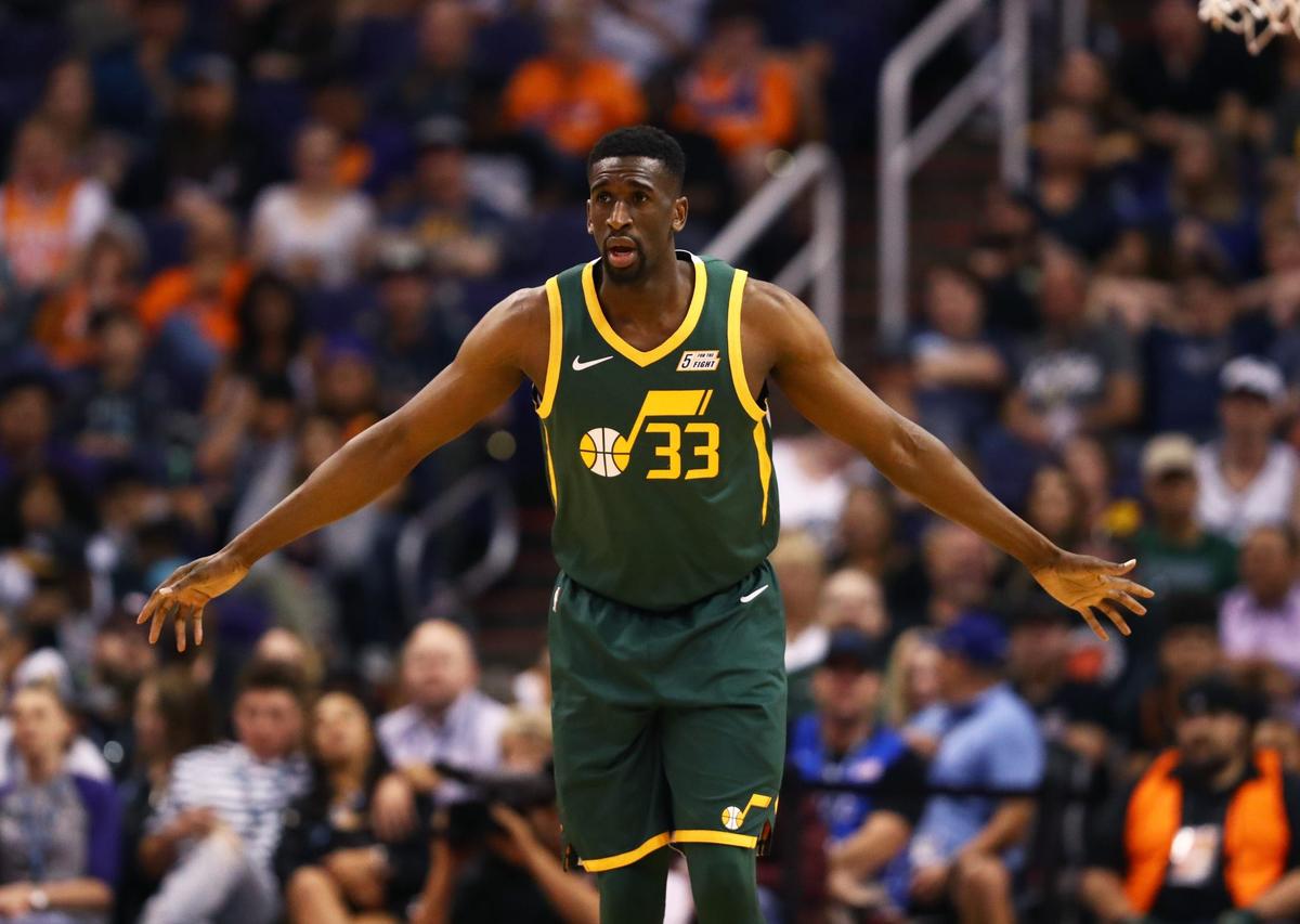 Apr 3, 2019; Phoenix, AZ, USA; Utah Jazz center Ekpe Udoh (33) against the Phoenix Suns at Talking Stick Resort Arena. Mandatory Credit: Mark J. Rebilas-USA TODAY Sports