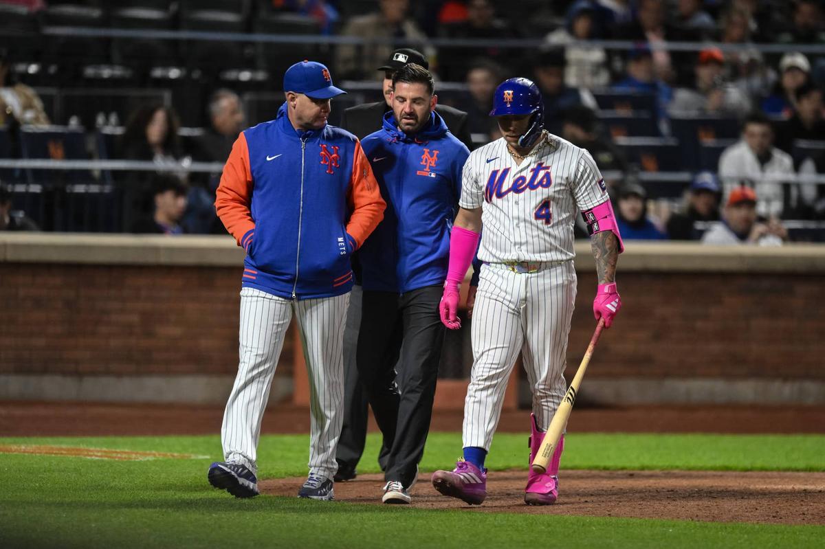  May 12, 2026; New York City, New York, USA; New York Mets catcher Francisco Alvarez (4) leaves the game with an injury during the sixth inning against the Detroit Tigers at Citi Field. Mandatory Credit: John Jones-Imagn Images John Jones-Imagn Images