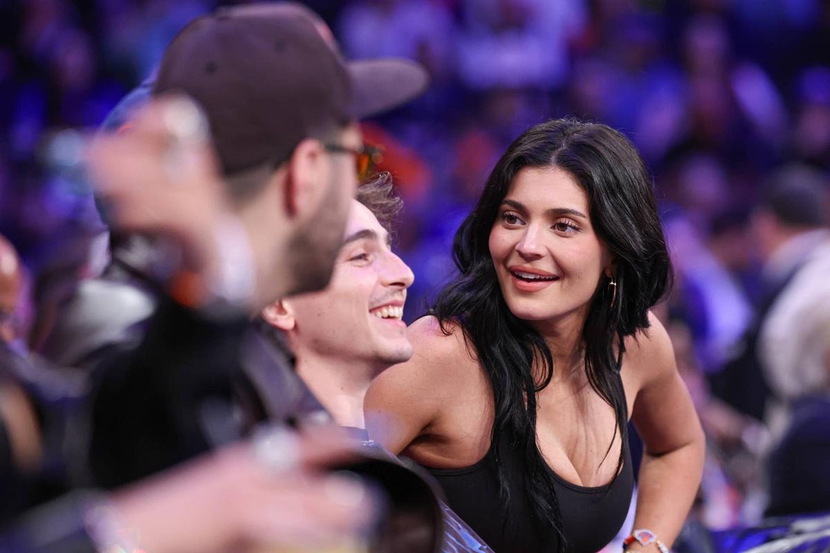  May 12, 2025; New York, New York, USA; American socialites Kylie Jenner, right, sits court side with actor Timothee Chalamet while seated court side in the second half during game four of the second round for the 2025 NBA Playoffs at Madison Square Garden. Mandatory Credit: Vincent Carchietta-Imagn Images. 