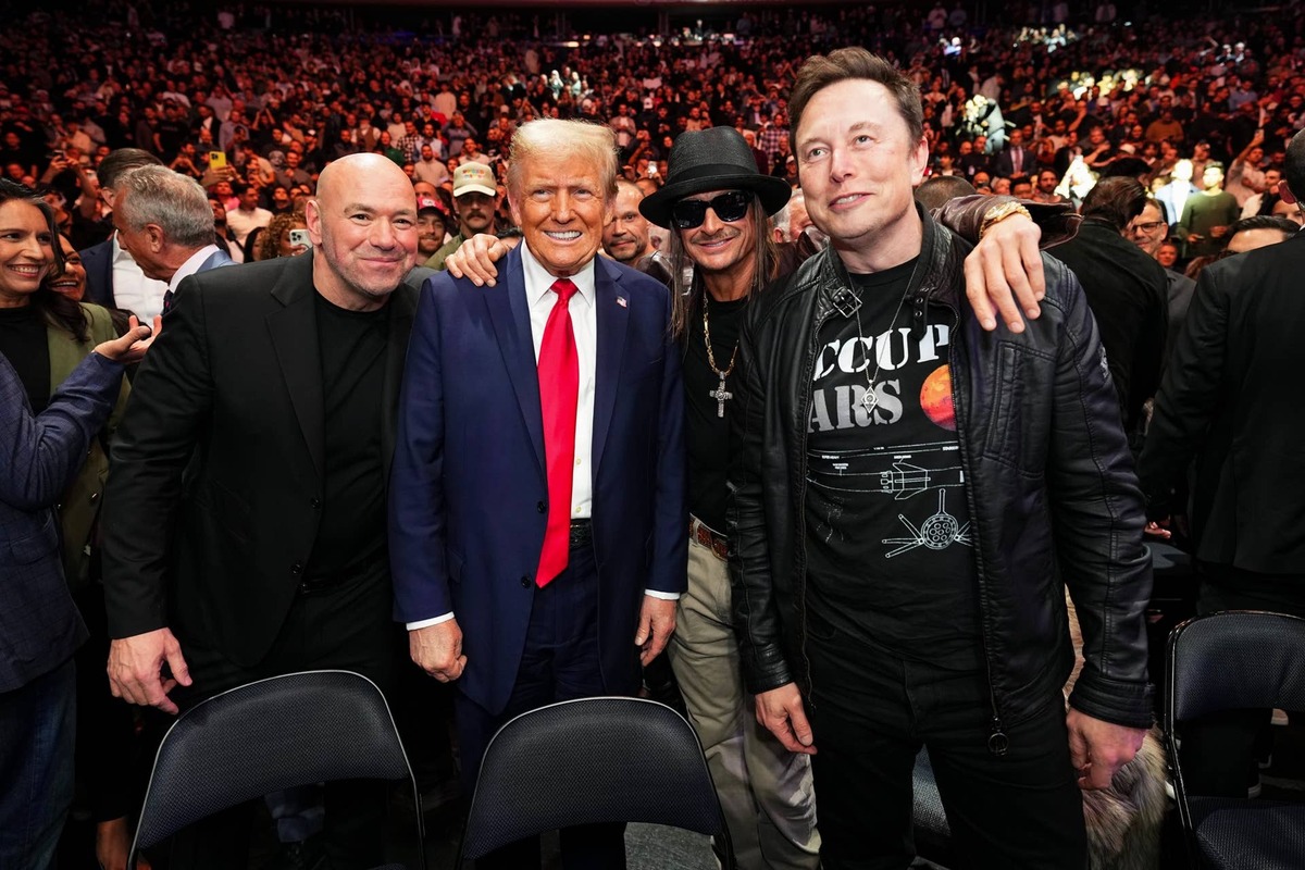  (L-R) Dana White, President-elect Donald Trump, Kid Rock, and Elon Musk pose for a photo during the UFC 309 event at Madison Square Garden on November 16, 2024, in New York City. Chris Unger/Zuffa LLC/Getty Images