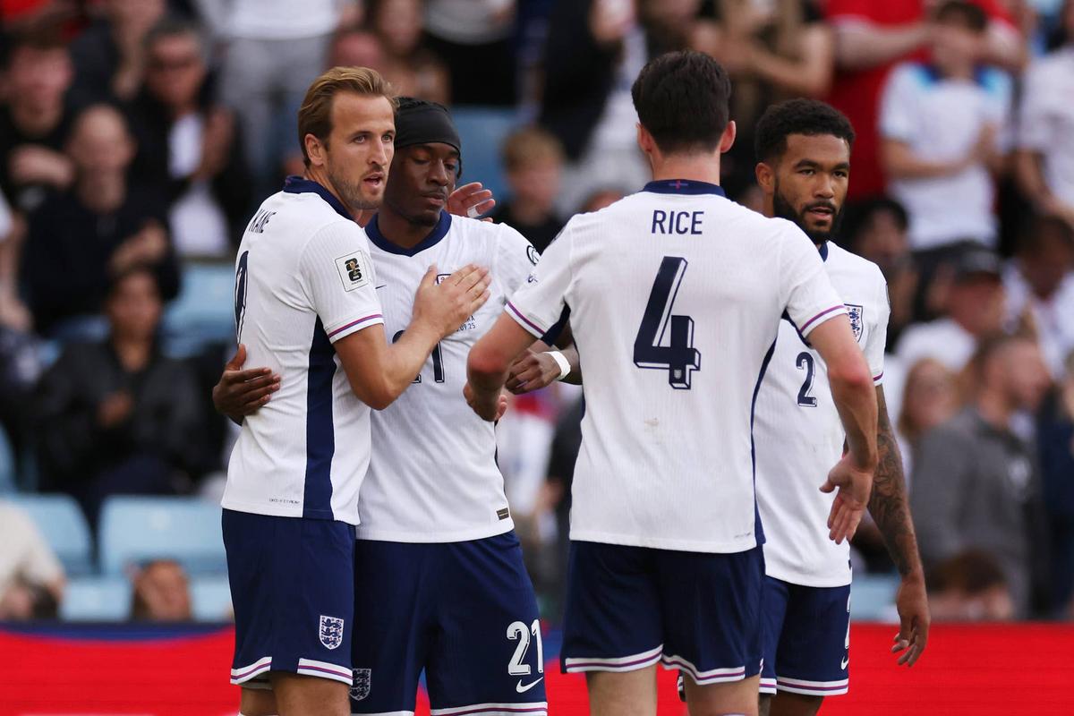  Harry Kane congratulates Noni Madueke of England in celebration of a goal. (Photo by Matt Lewis - The FA/The FA via Getty Images)