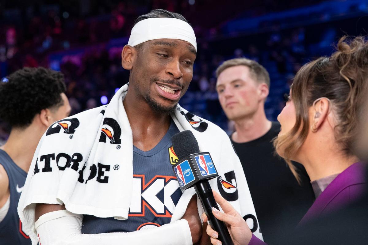  Oklahoma City Thunder guard Shai Gilgeous-Alexander (2) talks to the media after game two of the second round of the 2026 NBA Playoffs. 