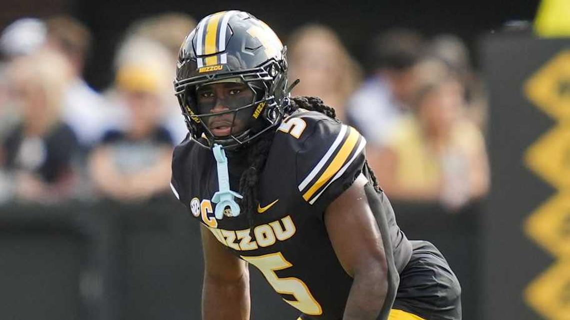  Sep 6, 2025; Columbia, Missouri, USA; Missouri Tigers linebacker Khalil Jacobs (5) gets ready for kickoff during the second half against the Kansas Jayhawks at Faurot Field at Memorial Stadium. Mandatory Credit: Jay Biggerstaff-Imagn Images | Jay Biggerstaff-Imagn Images 