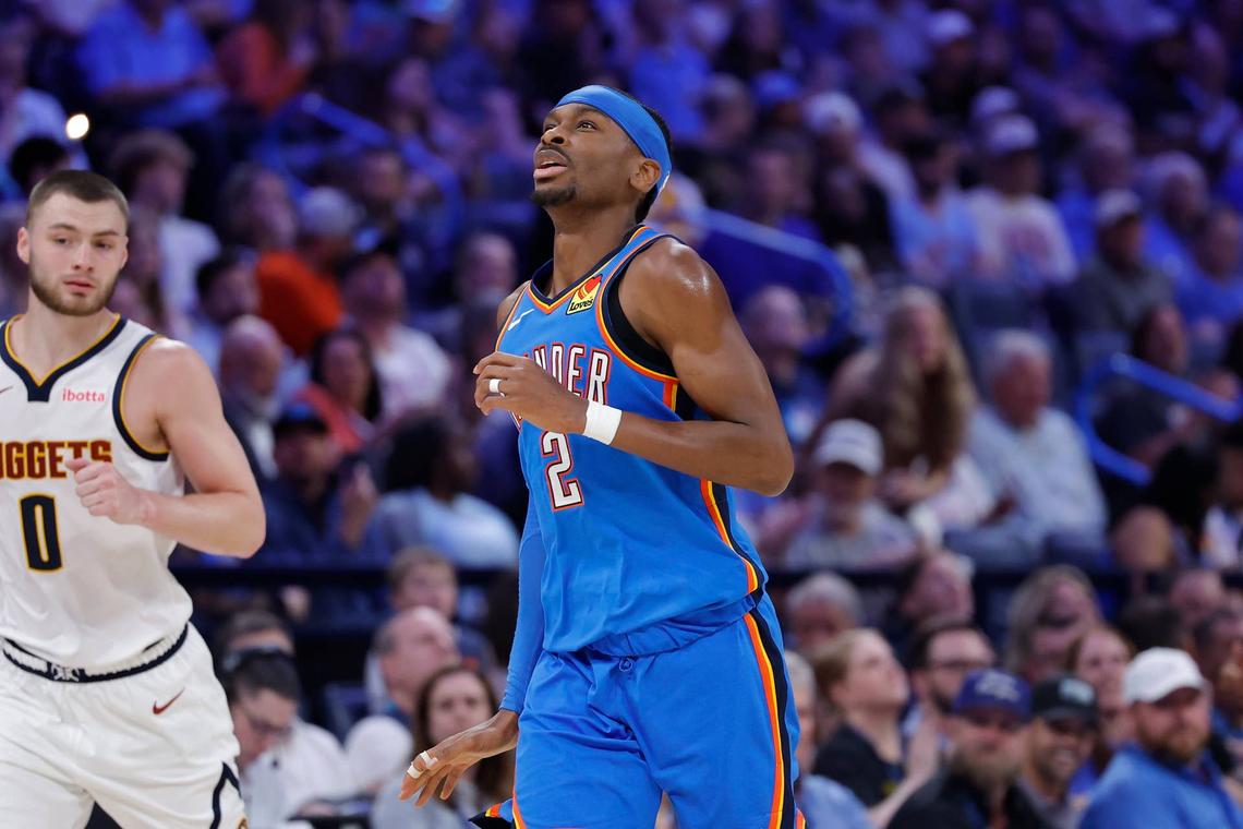  Oklahoma City Thunder guard Shai Gilgeous-Alexander (2) gestures after scoring against the Denver Nuggets. Alonzo Adams-Imagn Images