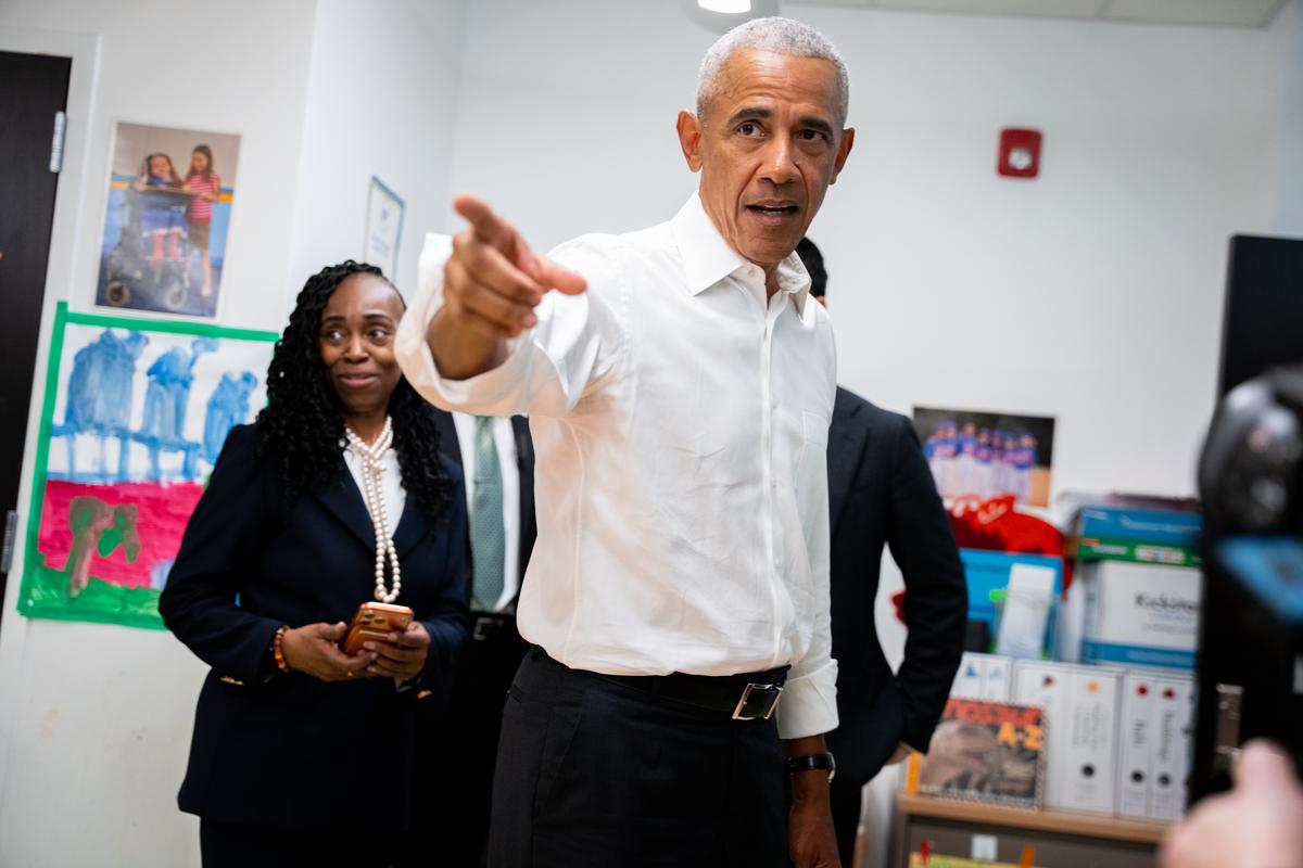  Former President Barack Obama visits a school in the Bronx, New York, on April 18, 2026. 