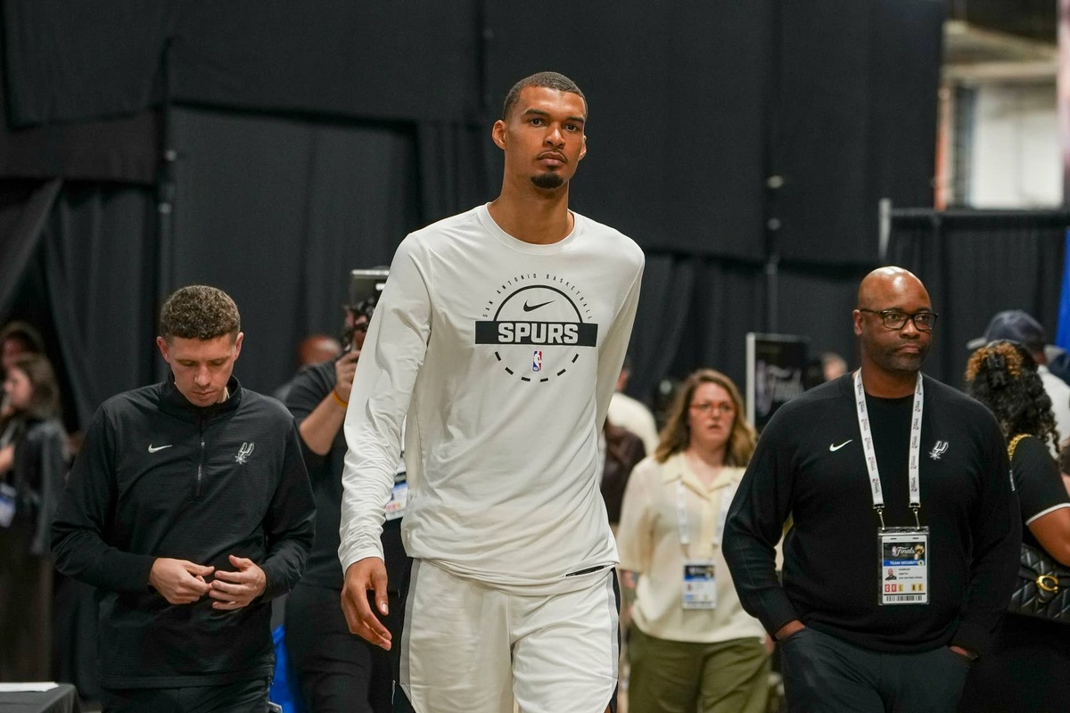  Jun 5, 2026; San Antonio, Texas, USA; San Antonio Spurs forward Victor Wembanyama (1) after the game between the Spurs and the Knicks in game two of the 2026 NBA Finals at Frost Bank Center. Mandatory Credit: Daniel Dunn-Imagn Images 