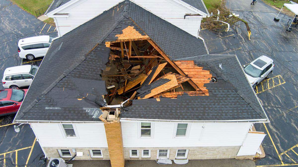 Damage from a tornado is seen at Lisbon Presbyterian Church in Lisbon, Wisconsin, on April 15, 2026.