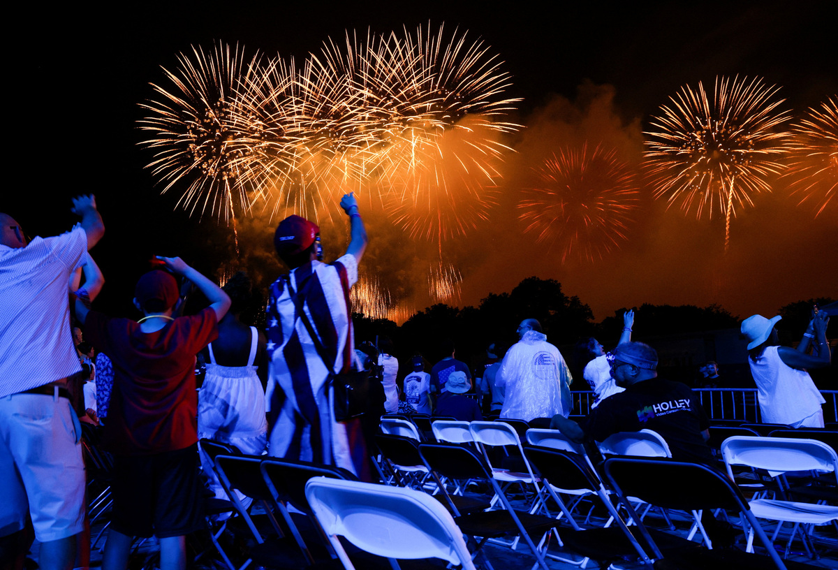 People watch a fireworks display that is attempting the largest firework display in history with 850,000 fireworks, at a Fourth of July rally featuring U.S. President Donald Trump, marking the 250th anniversary of U.S. independence, on the National Mall in Washington, D.C., U.S., July 5, 2026. REUTERS/Evan Vucci