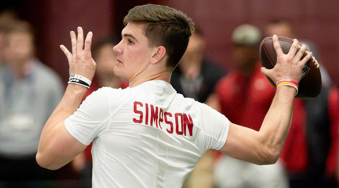  Quarterback Ty Simpson throws during Pro Day in the Hank Crisp Indoor Practice Facility at the University of Alabama. Gary Cosby Jr.-USA TODAY NETWORK via Imagn Images