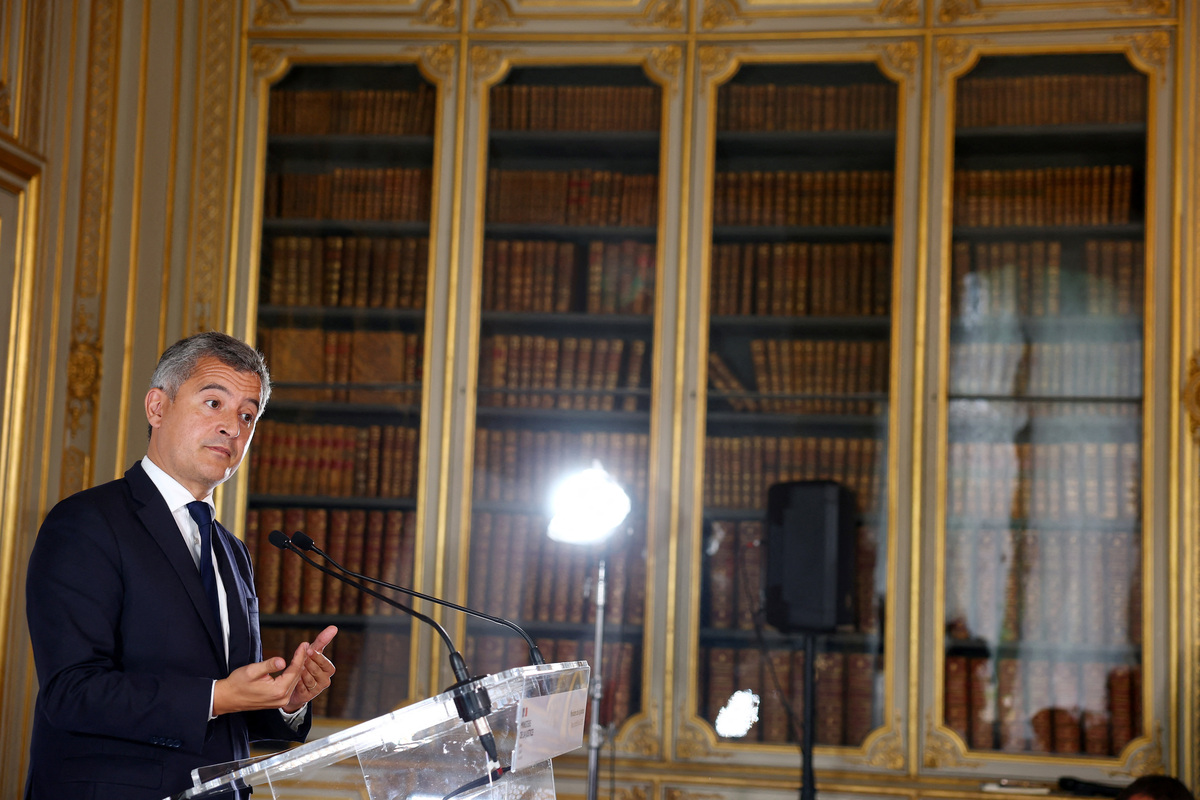 French Justice Minister Gerald Darmanin speaks during a press conference at the Ministry of Justice in Paris following a working meeting with France's chief prosecutors, whom he asked to re-examine complaints concerning child victims following the Lyhanna case and the discovery of the 11-year-old girl's body near Fleurance, as well as revelations concerning accusations of rape of minors - some of which were subsequently dismissed - made against the suspect, France, June 8, 2026. REUTERS/Gonzalo Fuentes
