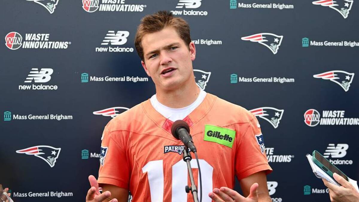  Jun 10, 2026; Foxborough, MA, USA; New England Patriots quarterback Drake Maye (10) speaks to the media after minicamp at Gillette Stadium. Mandatory Credit: Eric Canha-Imagn Images | IMAGN IMAGES via Reuters Connect 